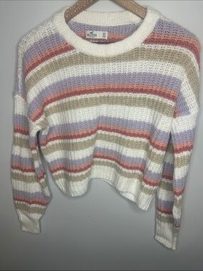 Hollister Striped Crewneck Sweater in Cream, Lavender & Pink